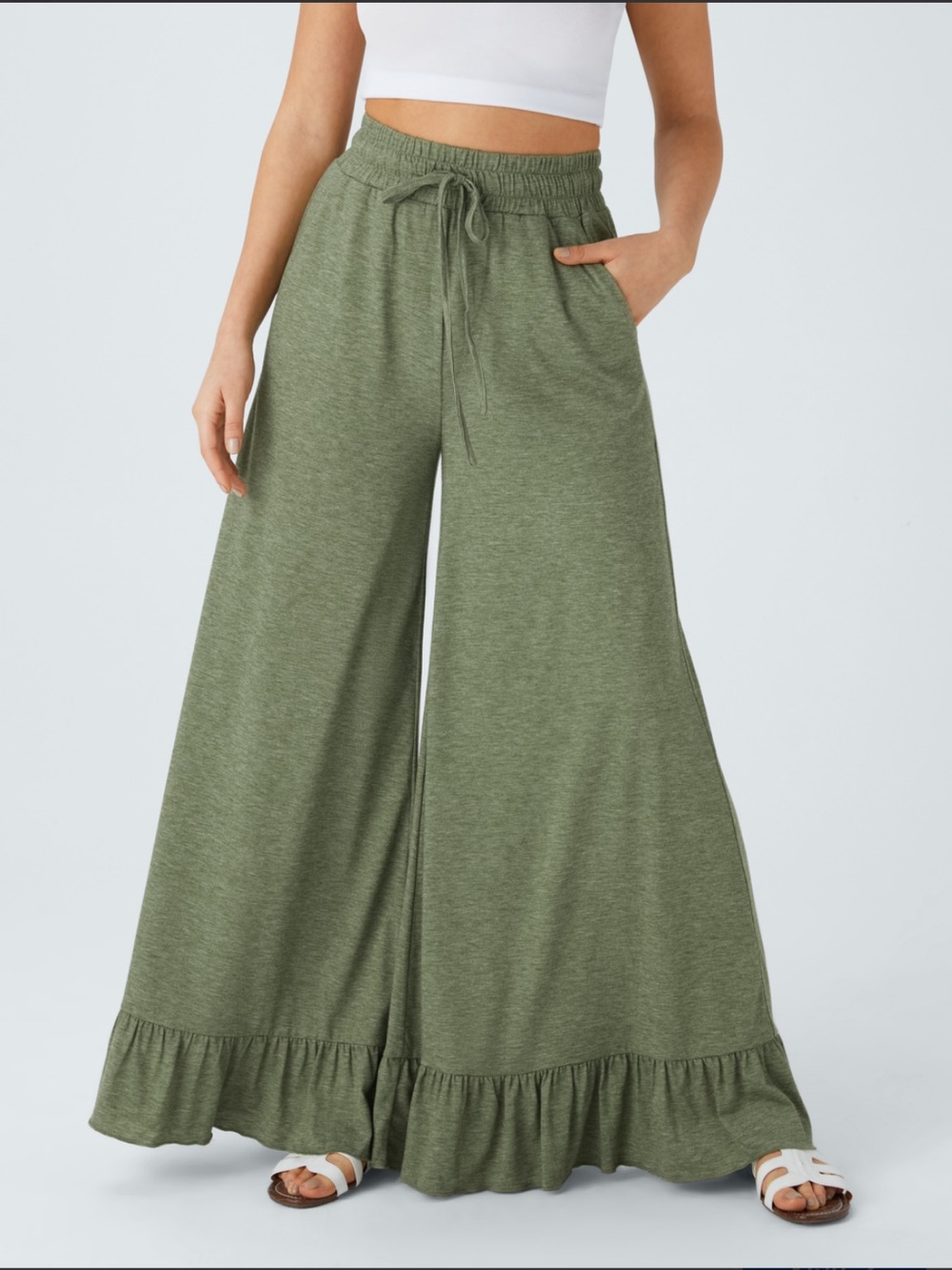 Halara High Waisted Drawstring Pocket Ruffle Wide Leg Casual Pants S